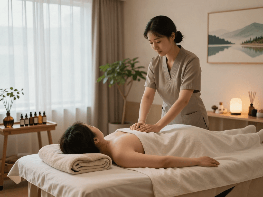Relaxing 강동구출장안마 therapy scene with soothing ambiance, massage table, and calming decor.