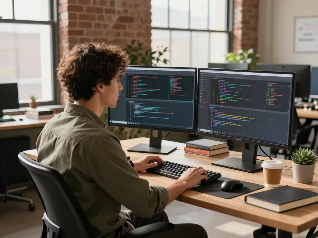 Developer coding on dual monitors in a modern workspace while leveraging clawdbot ai for automated tasks.