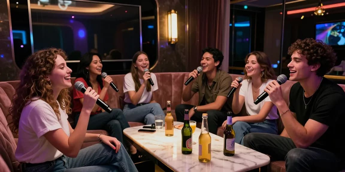 강남가라오케에서 친구들과 신나는 노래를 부르는 모습과 고급 음료가 있는 분위기