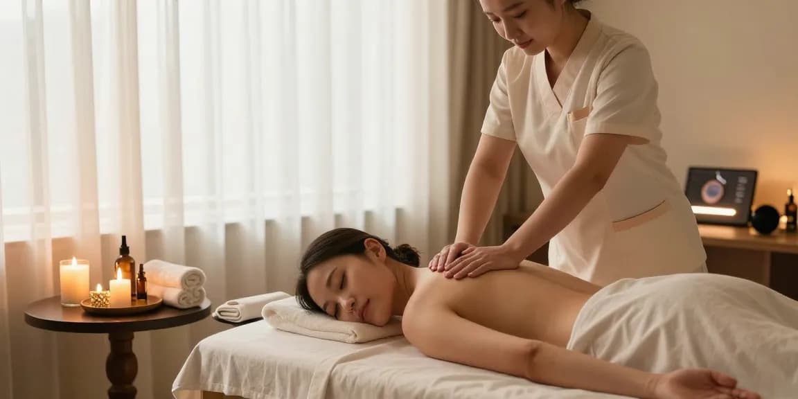 Relaxing 출장마사지 session in a warm hotel room with professional therapist preparing for service.