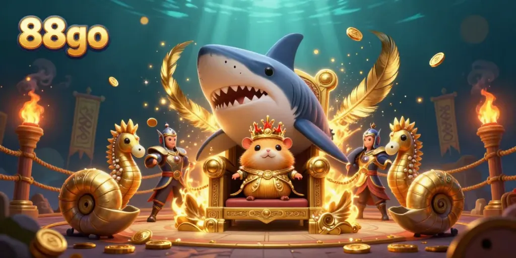 Experience thrilling moments with 88go's golden hamster king ruling a vibrant underwater casino realm.