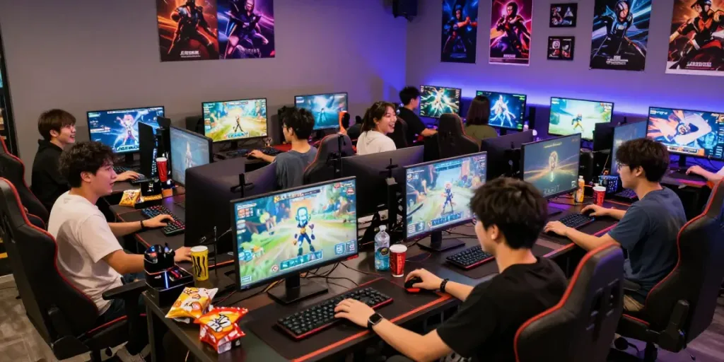 Exciting gaming atmosphere at ROKOK88 with diverse players competing and enjoying snacks.