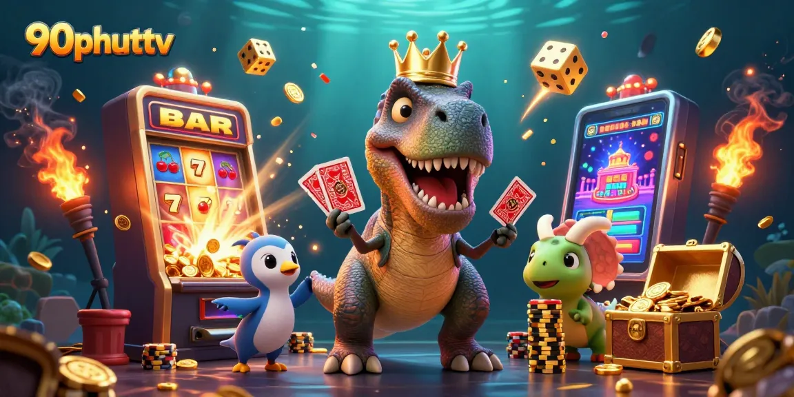 Engage in thrilling gameplay with 90phuttv as T-Rex shuffles cards while chips stack high.