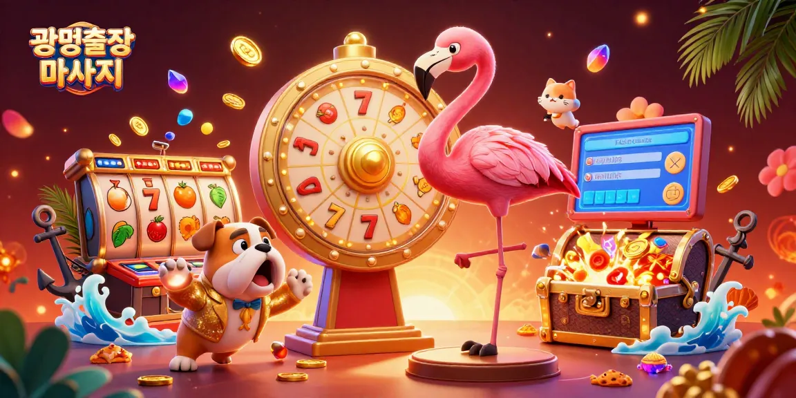 Experience the excitement of 광명출장마사지 with a vibrant 3D casino scene featuring a game show host, an excited bulldog contestant, and immersive slot elements.