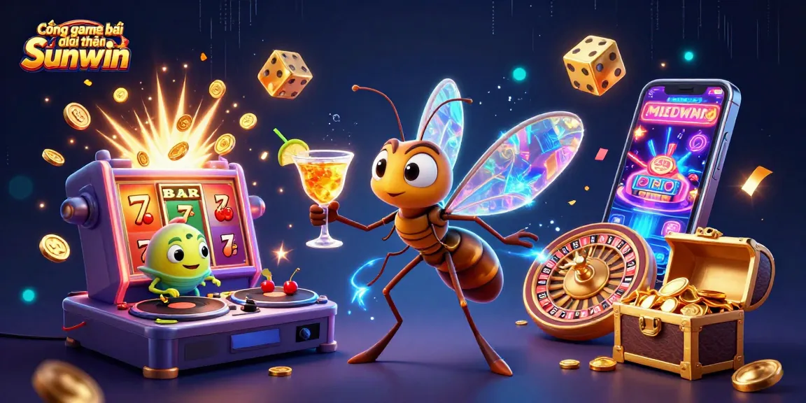 Cổng game bài đổi thưởng Sunwin presents a vibrant scene with a frozen mosquito mascot, a trilobite DJ, and a golden roulette wheel.