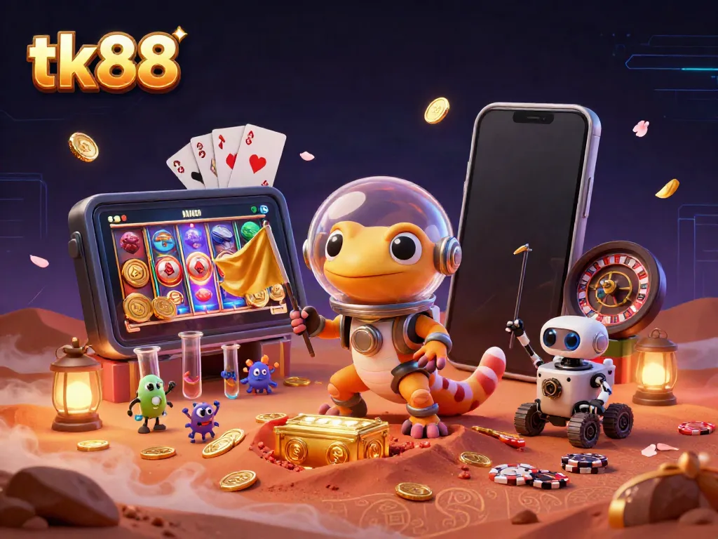 Experience the excitement of tk88 as a Martian gecko uncovers a golden casino with vibrant slot games and dynamic casino elements.