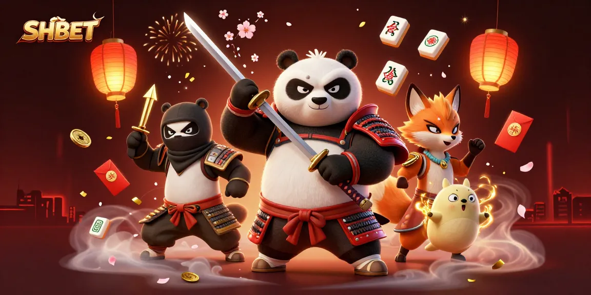 Play lively games at SHBET with a dynamic 3D illustration featuring samurai panda and ninja characters.