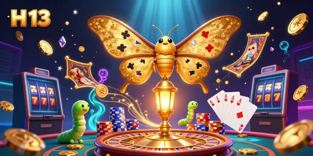 Experience top-tier casino excitement with H 13, amidst vibrant moths, golden coins, and roulette wheels.