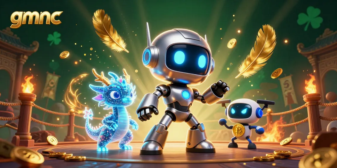 Engage with gmnc through an exciting 3D scene featuring a cyberpunk robot and digital companions amidst casino elements.