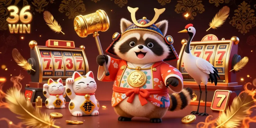 Experience winning moments at 36 WIN casino with cartoon characters celebrating around vibrant slot game elements.