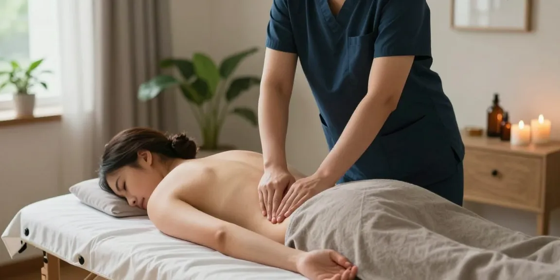 출장마사지 중인 전문 관리사의 모습과 편안한 마사지 환경을 보여줍니다.