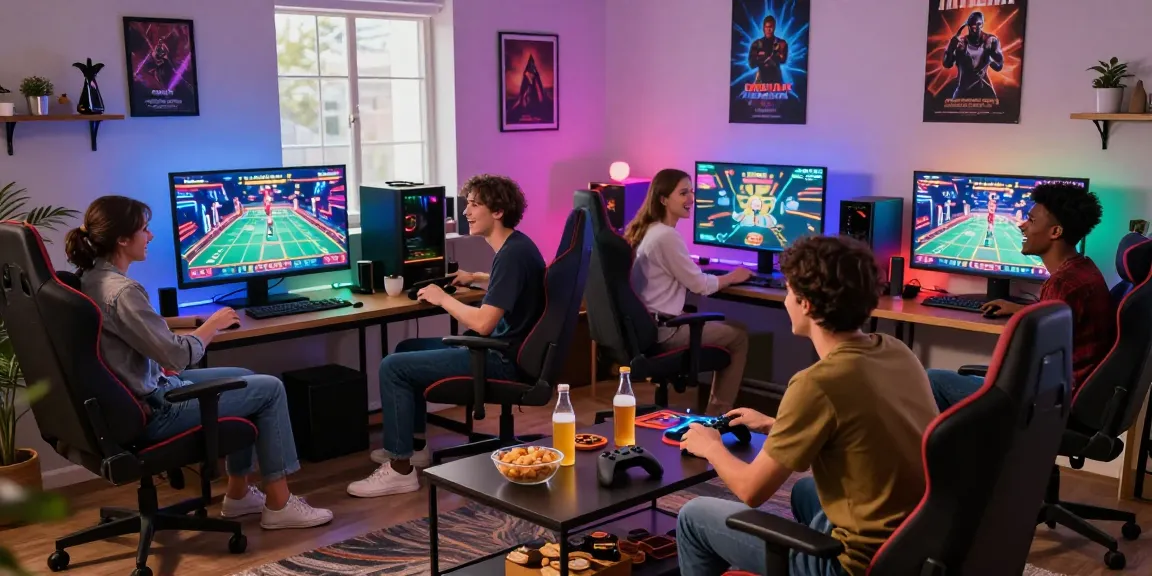 Exciting group of friends gaming together at home, showcasing online entertainment at https://go99vn.city/.