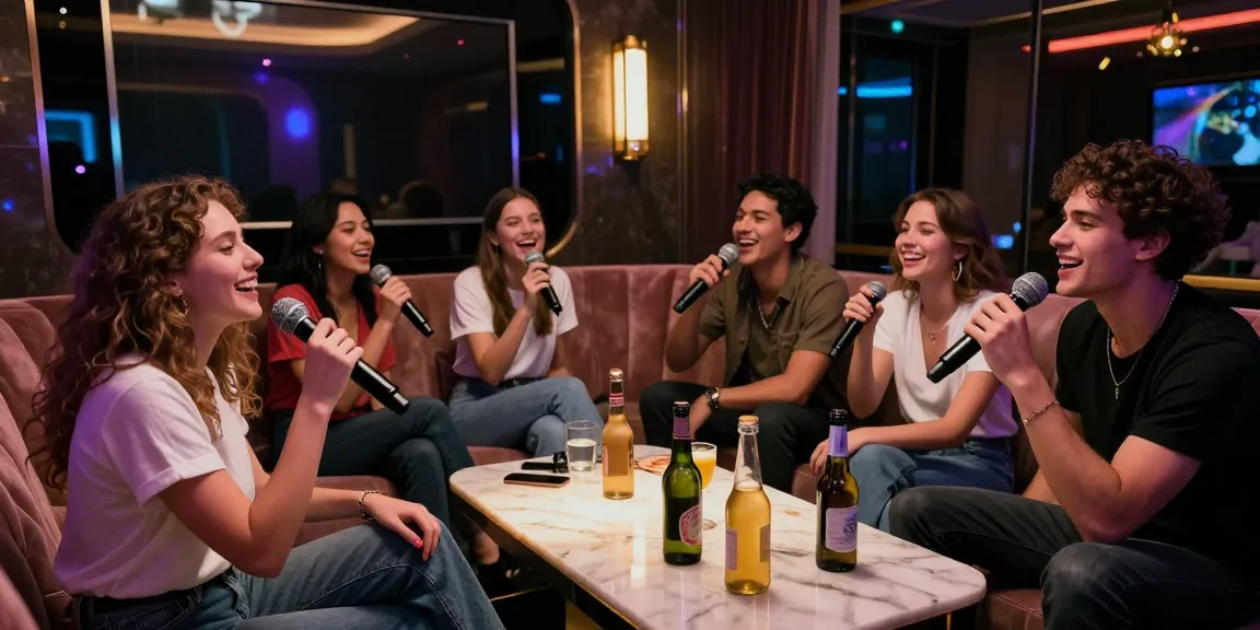 강남가라오케에서 친구들과 신나는 노래를 부르는 모습과 고급 음료가 있는 분위기