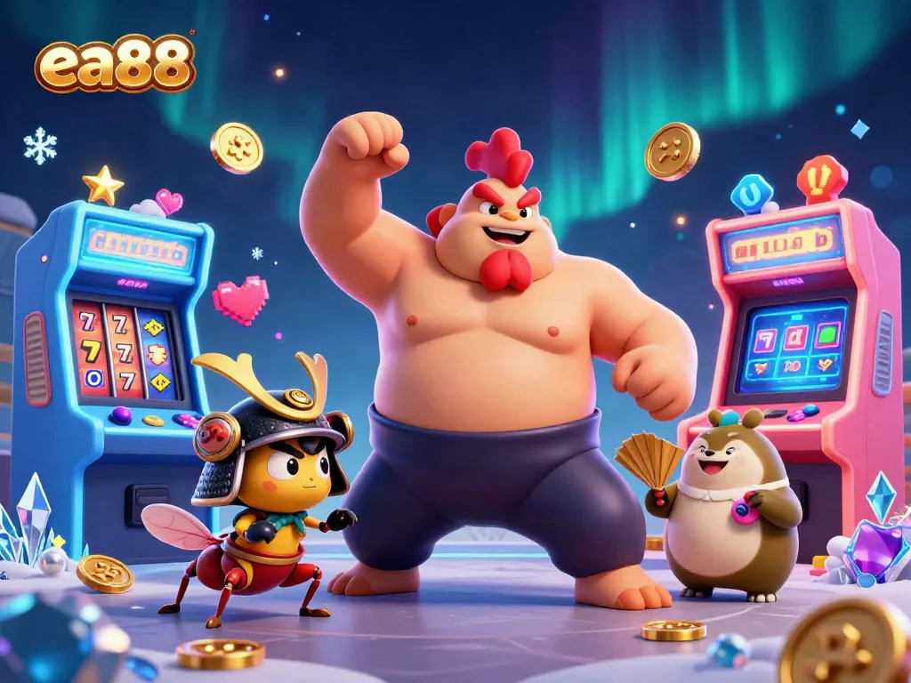 ea88 powers up casino excitement with colorful characters and jackpot elements in this vibrant illustration