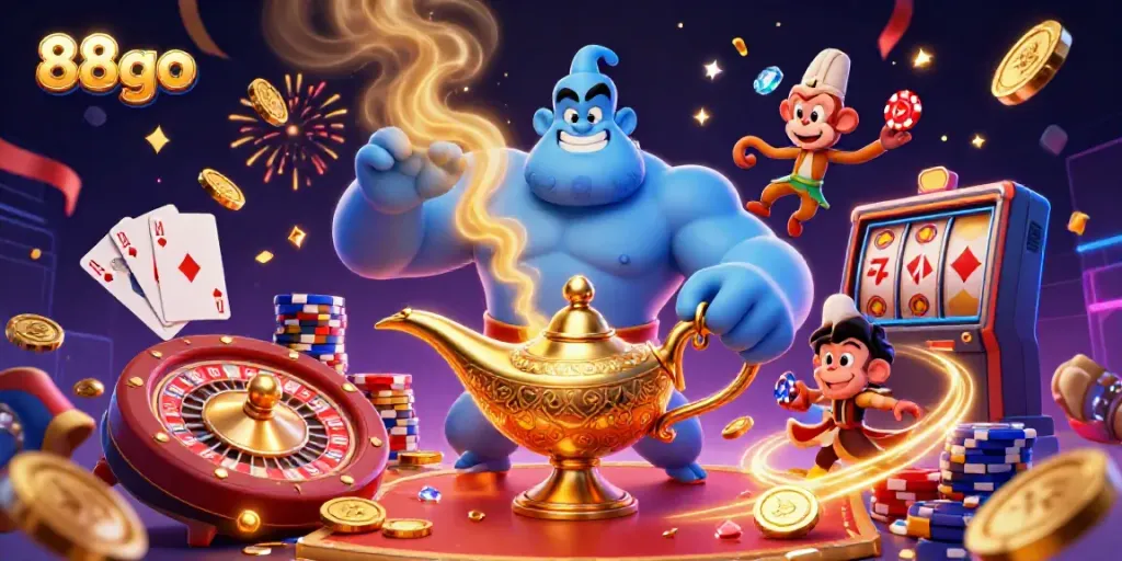 Experience thrilling gaming with 88go featuring a dynamic scene of a genie, magic carpet, and casino elements.