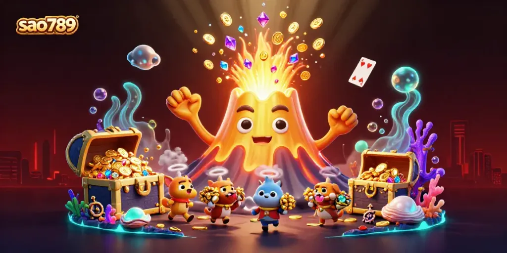 Experience the excitement of sao789 with a golden volcano erupting treasures, emphasizing vibrant gambling action.