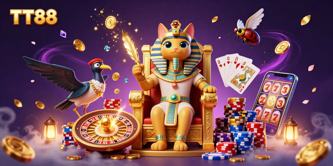 Engage in thrilling TT88 slots with cartoon Pharaoh and scribe amid sparkling gems and coins.