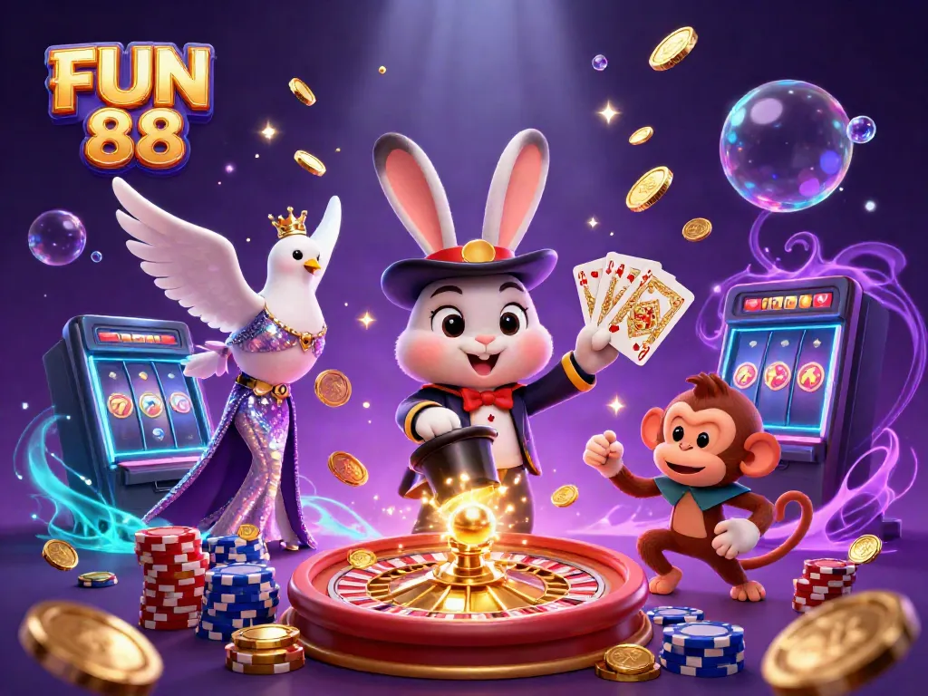 Experience the excitement of FUN 88 with magical characters, cascading coins, and vivid casino elements.