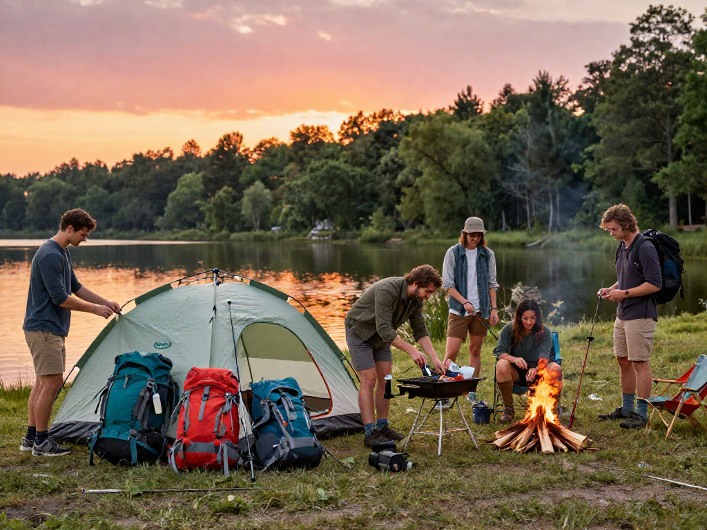 Group enjoying a camping adventure with ROKOK88 gear by a serene lake at sunset.