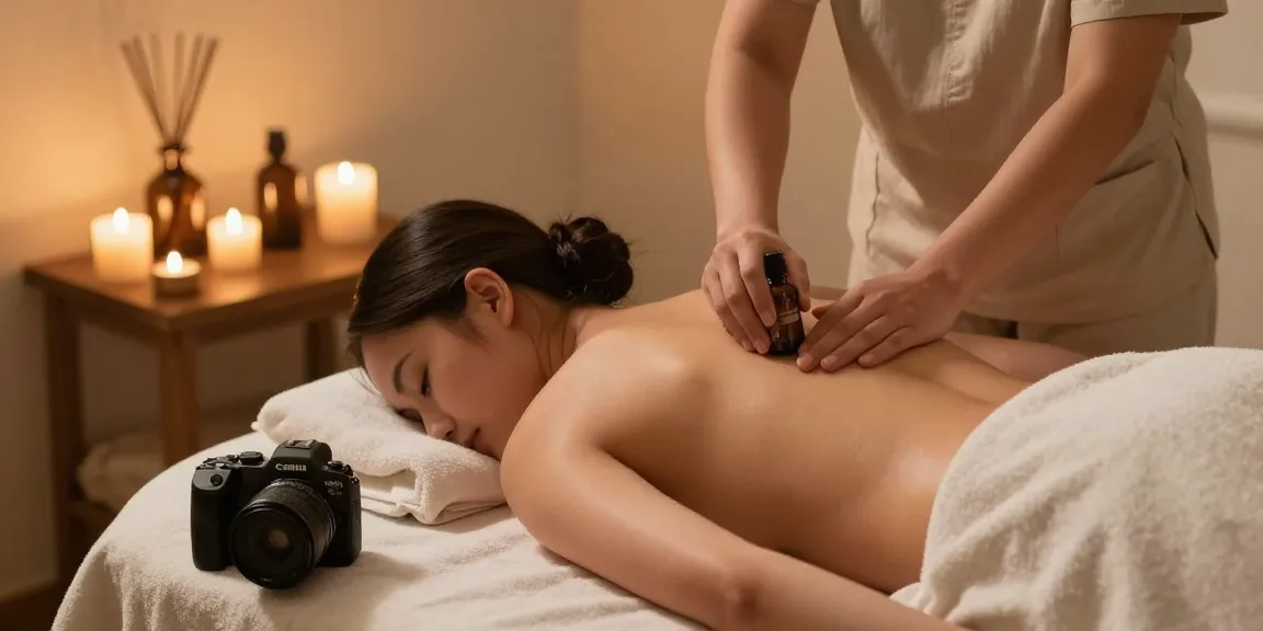 마사지 세션 중 아로마 오일을 바르는 치료사와 아늑한 스파 환경