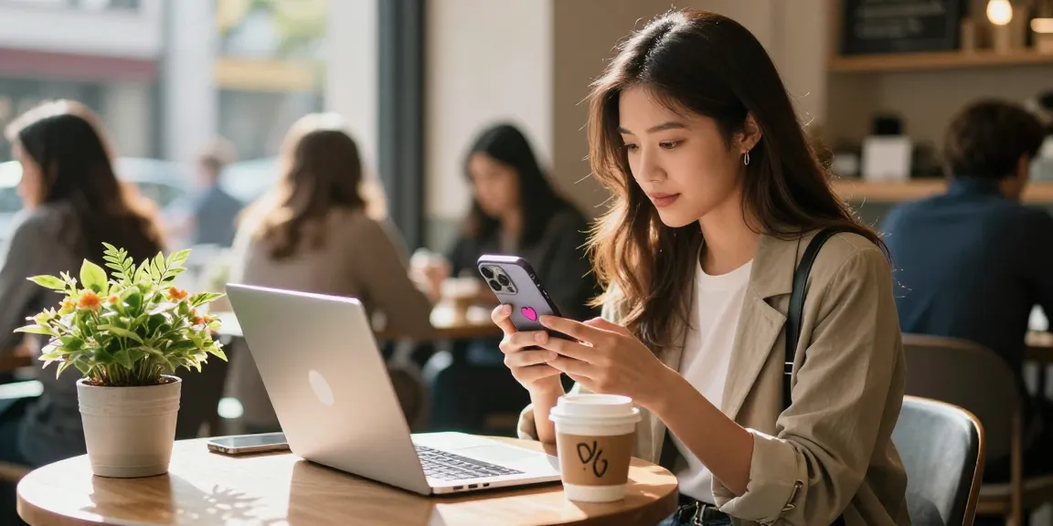 スマートフォンを使いながら居心地の良いカフェでインスタ いいね 購入を探している若い女性。