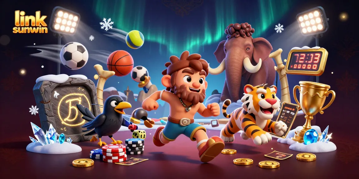 Experience the thrill of link sunwin with a vibrant prehistoric casino scene featuring cartoon characters and dynamic game elements.