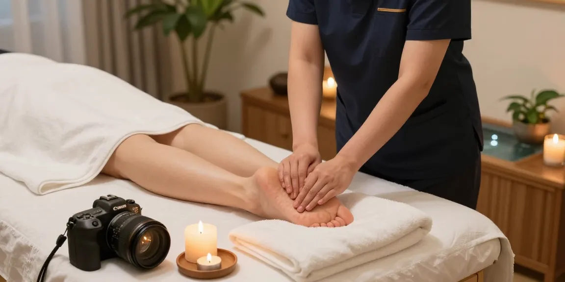 노원출장안마 서비스의 편안한 마사지 장면, 아로마 캔들과 식물이 어우러진 조용한 스파 환경.
