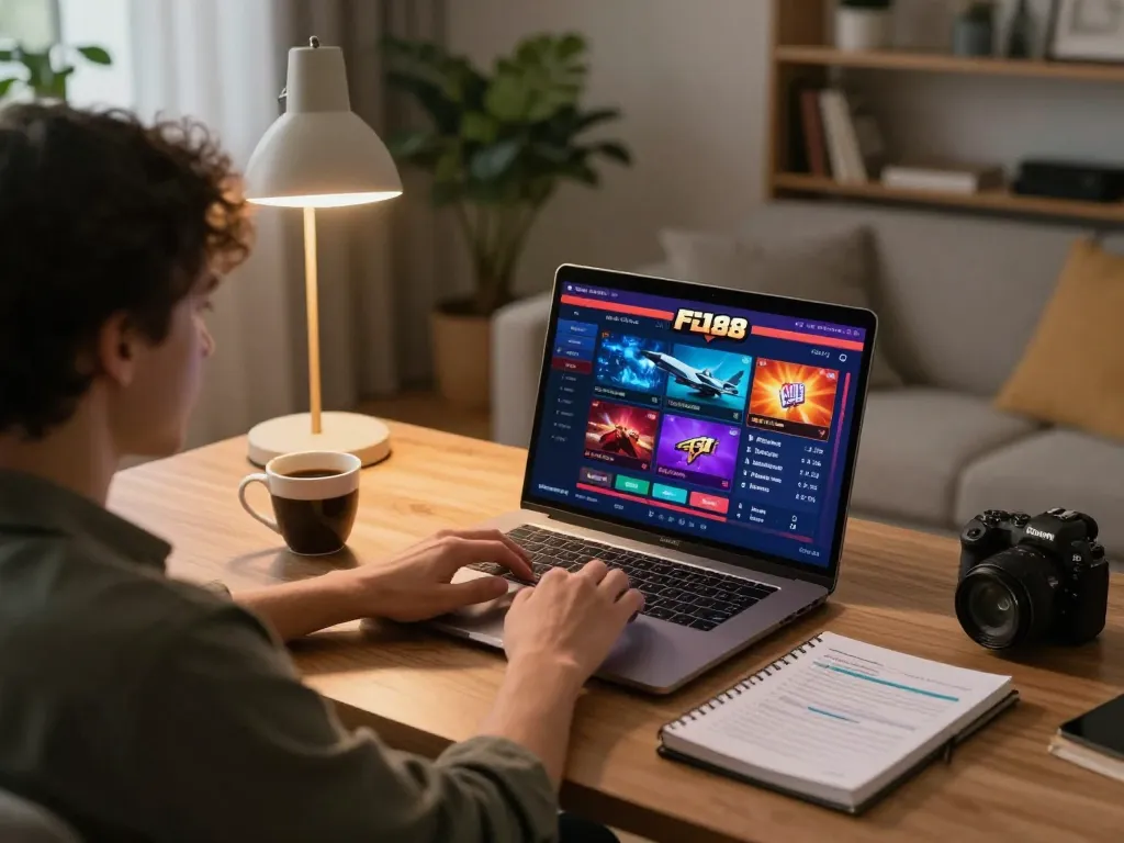 Player engaging with F168 online casino platform on laptop at home desk amidst cozy décor