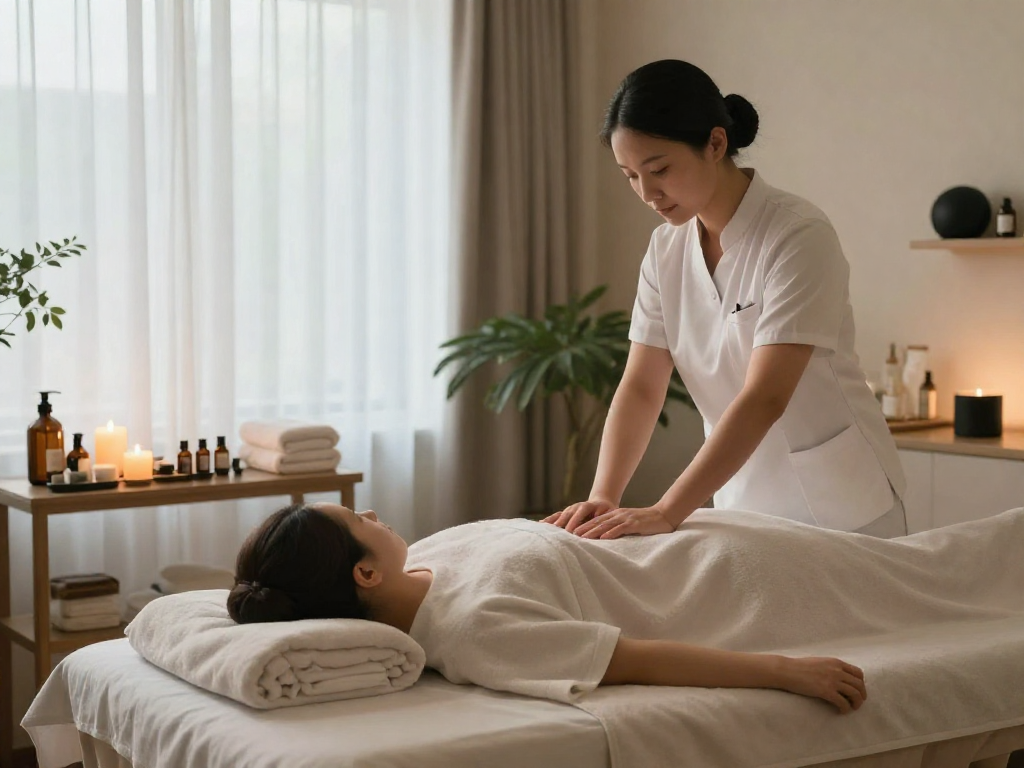Relaxing 용인출장마사지 scene with therapist and client, tranquil spa atmosphere