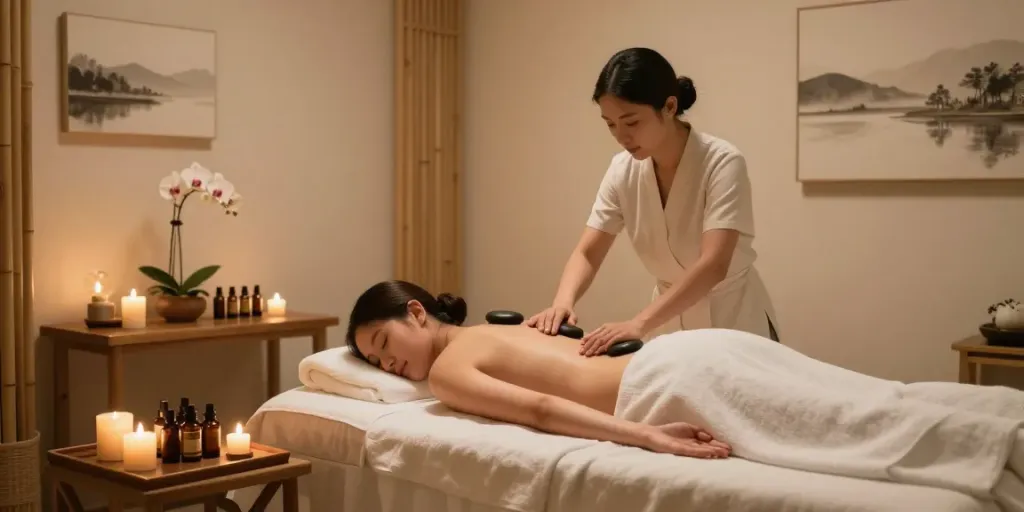 다낭SIDE의 고급 스파 트리트먼트, 마사지 요법으로 편안함을 느끼는 모습.