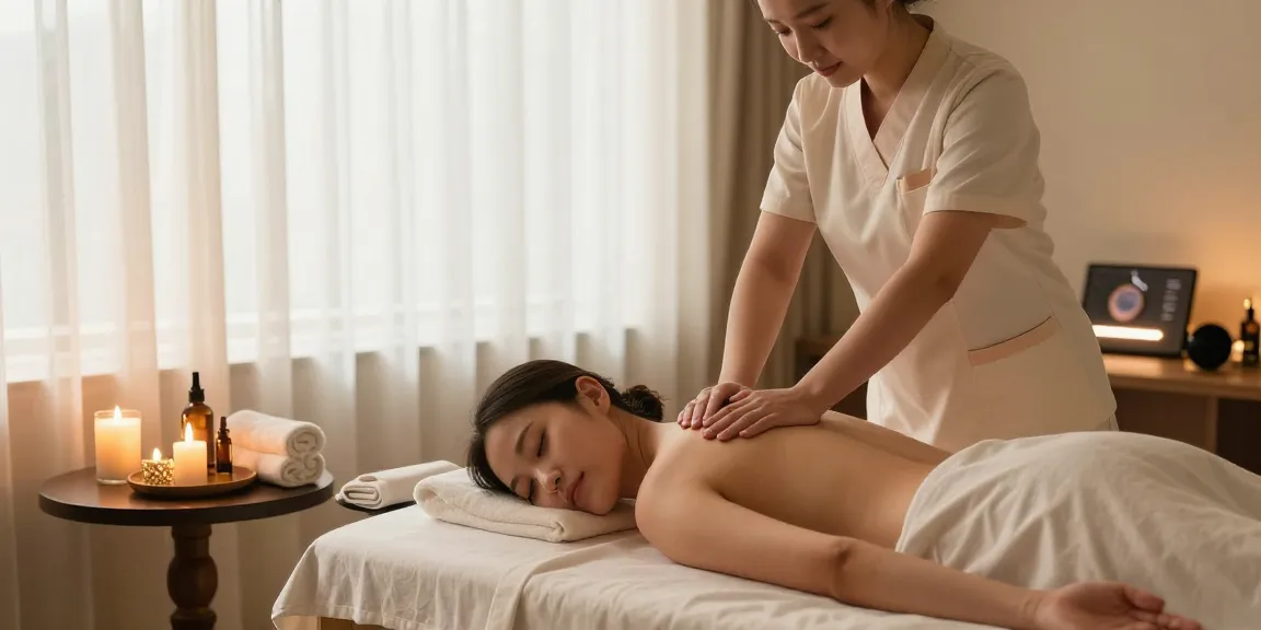 Relaxing 출장마사지 session in a warm hotel room with professional therapist preparing for service.