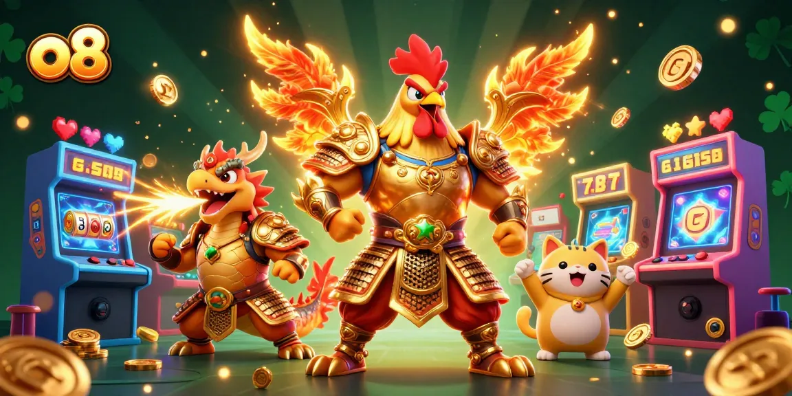 Engage in thrilling gameplay at o8 with a dynamic 3D scene of cartoon warriors and casino elements!