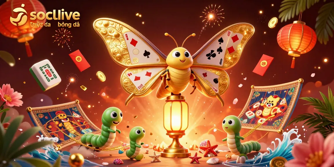 Socolive trực tiếp bóng đá showcases a vibrant 3D scene with a majestic atlas moth and luxury casino elements.