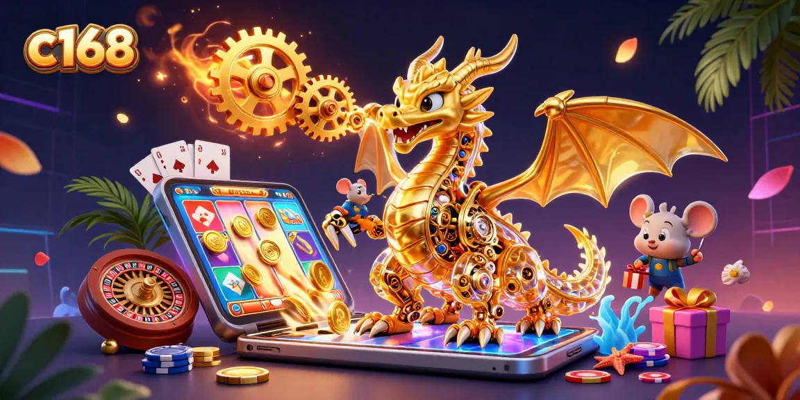 Experience thrilling gaming at c168 with a vibrant scene featuring a golden dragon and exciting casino elements.