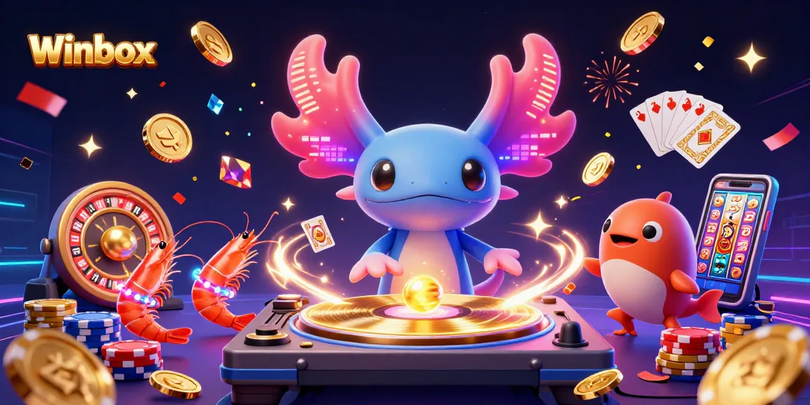 Winbox gaming scene featuring a neon axolotl DJ, colorful casino elements, and festive energy.