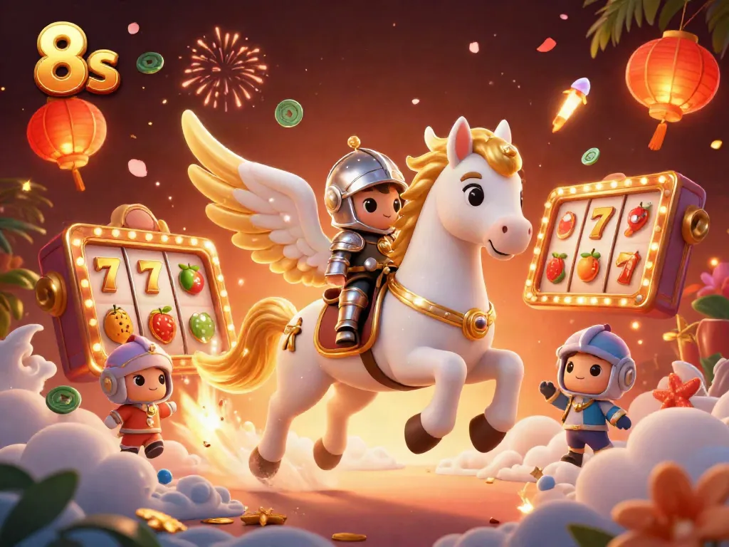 Experience the magic of 8 S with an enchanting scene featuring a celestial horse, jackpot symbols, and vibrant casino elements.