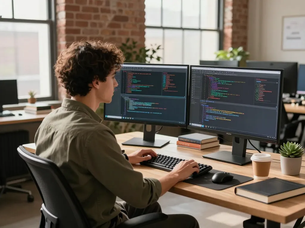 Developer coding on dual monitors in a modern workspace while leveraging clawdbot ai for automated tasks.