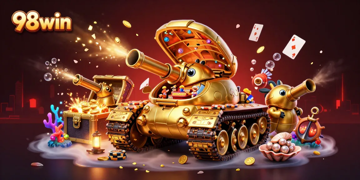 Experience 98win's exciting mini casino world within a golden beetle tank, packed with gaming elements.