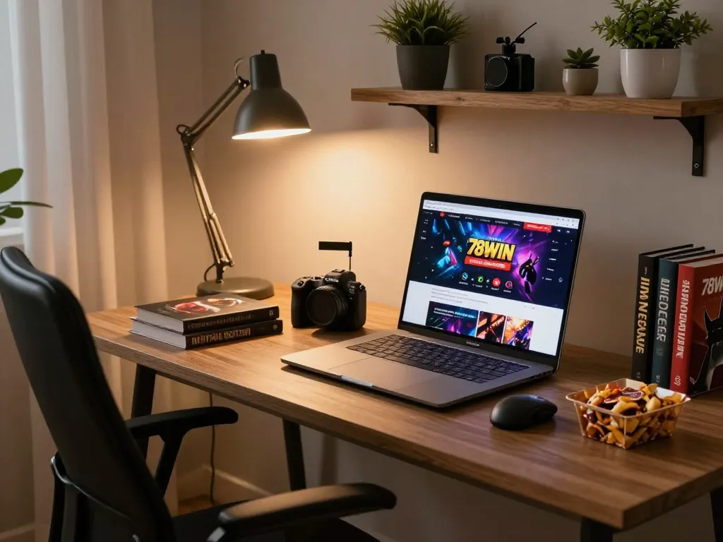78WIN online gaming session with stylish setup showcasing laptop interface and strategy resources.