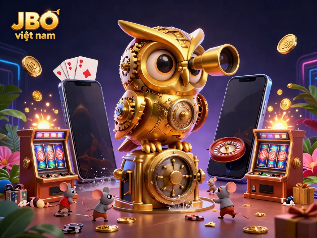 Experience excitement at JBO việt nam with a vibrant casino scene featuring an owl, slot machines, and festive decorations.