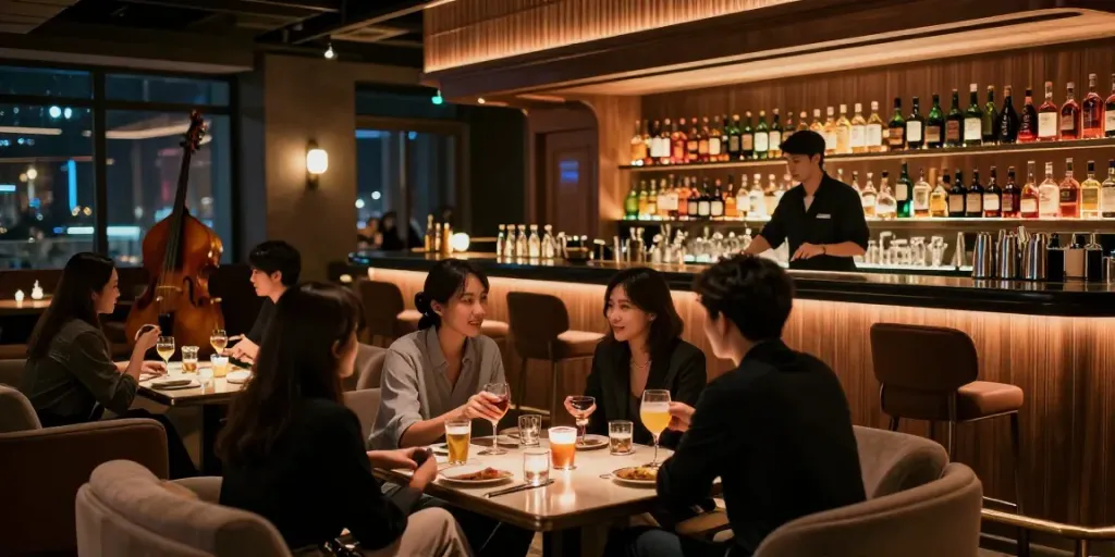 강남 타이밍의 고급스러운 라운지에서 고객들이 음료를 즐기는 모습