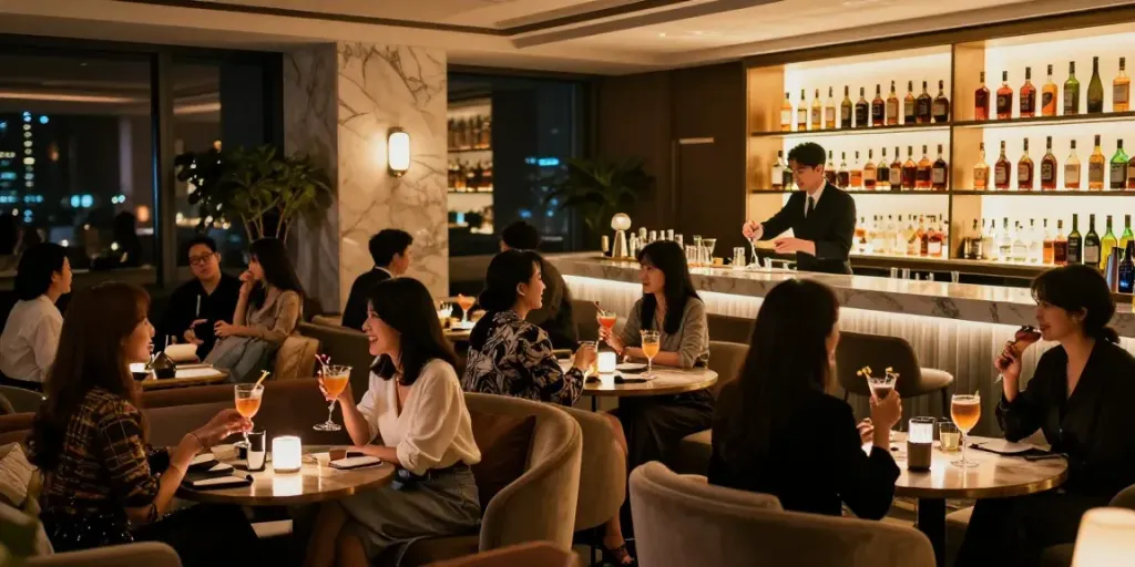 강남유앤미의 세련된 밤 라운지에서 즐거운 대화를 나누는 손님들 모습