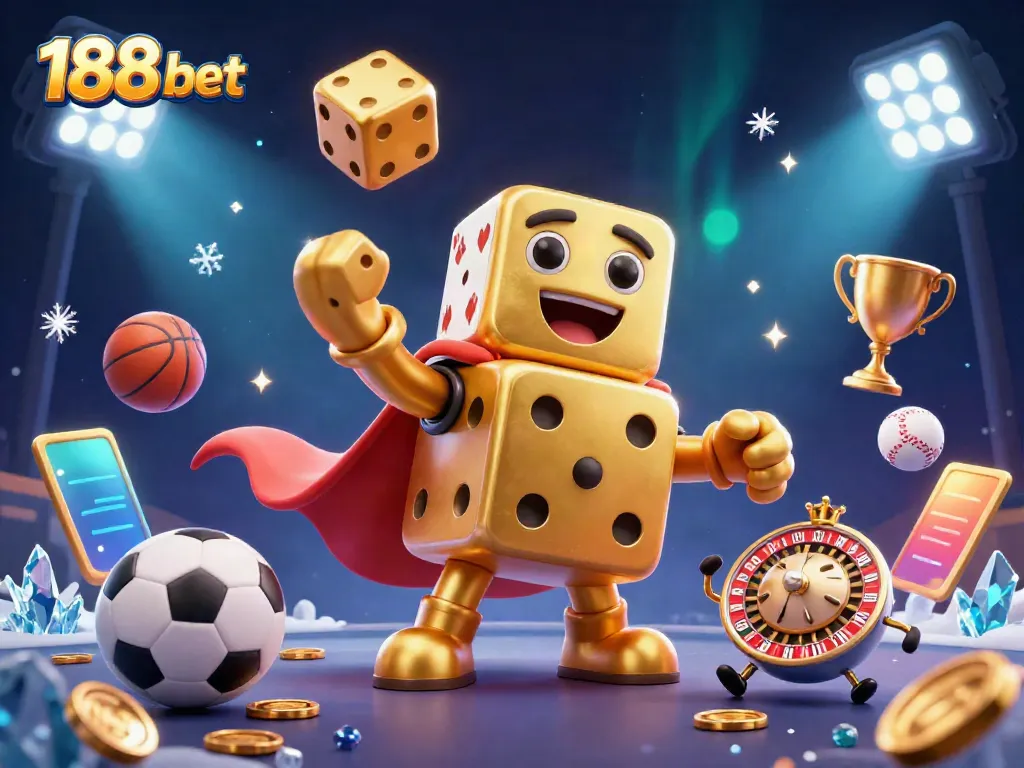 Experience thrilling gameplay at 188 bet with dynamic sports elements and golden dice mascot.
