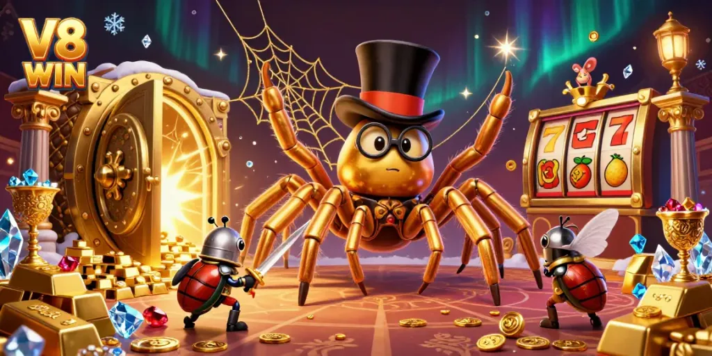 Spin the reels with V8 WIN in this vibrant 3D casino scene filled with treasures.