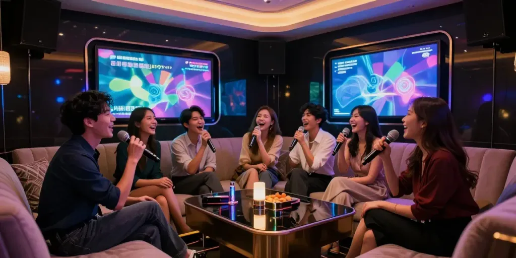 강남 달토의 고급 가라오케 룸에서 친구들과 노래하며 즐거운 시간을 보내는 모습