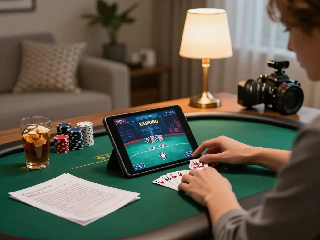 Player enjoying gamebaidoithuong on a tablet at home surrounded by strategic notes for a responsible gaming atmosphere.