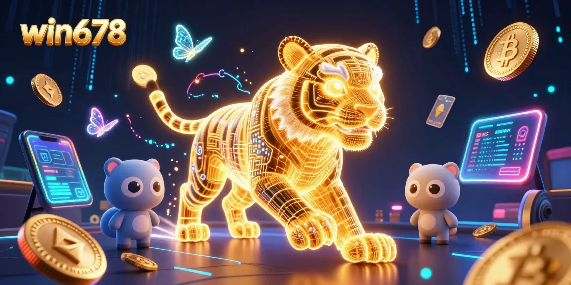 Experience the thrill of win678 as a golden tiger explores a vibrant electronic casino.