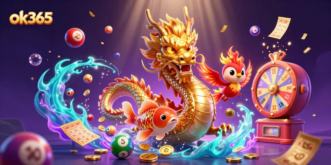 Experience thrilling wins at ok365 with a majestic dragon, phoenix, and koi fish amid a vibrant casino scene.
