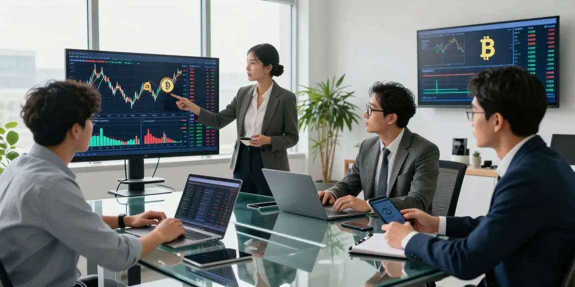 A vibrant office scene depicting cryptocurrency trading professionals analyzing live market data, showcasing 업투익스체인지 as a top exchange.
