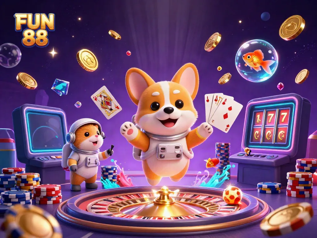 Participate in thrilling slots and casino action with the FUN 88 platform featuring vibrant 3D characters.